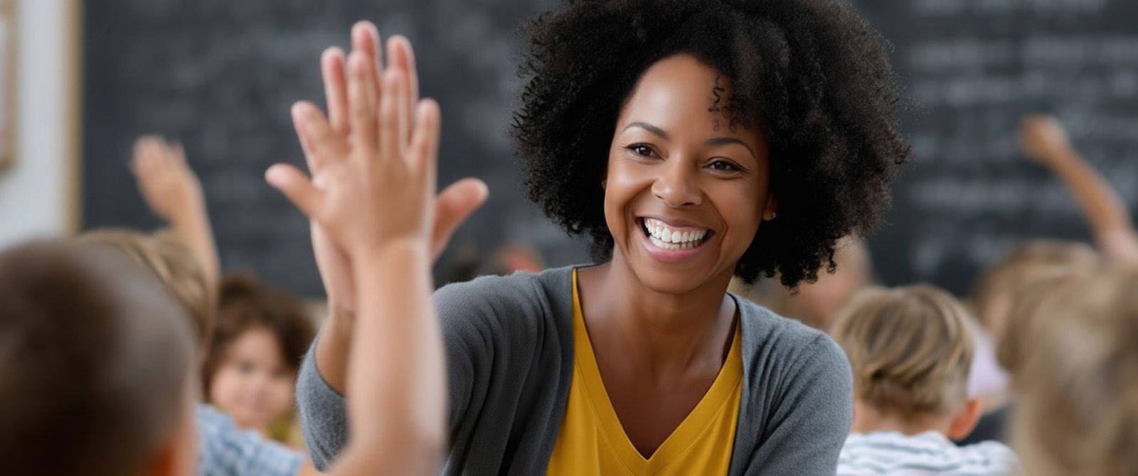 A teacher smiling as students raise their hands