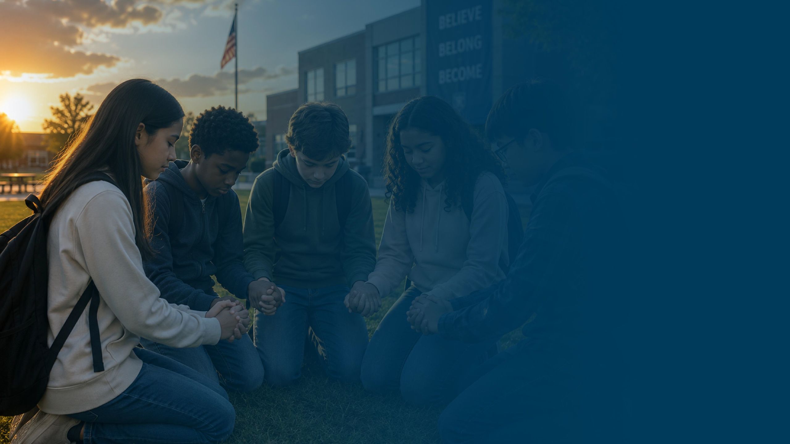 Students kneeling together in prayer on a school lawn at sunset