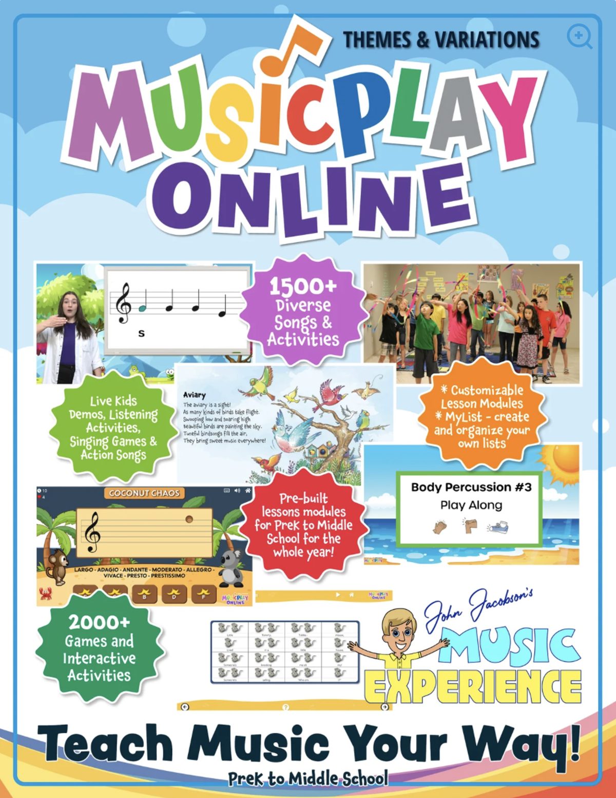 MusicplayOnline overview, showing songs, games, lesson modules and activities