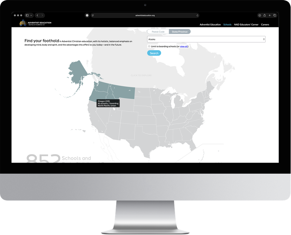 The Adventist School Finder on screen